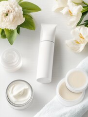 Skincare products and flowers on a white surface.