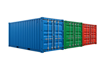 Colorful cargo containers stacked in a row isolated on transparent background, shipping storage containers for logistics, transportation, freight, and international export import industry