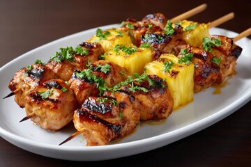 Grilled chicken and pineapple skewers garnished with parsley on white plate