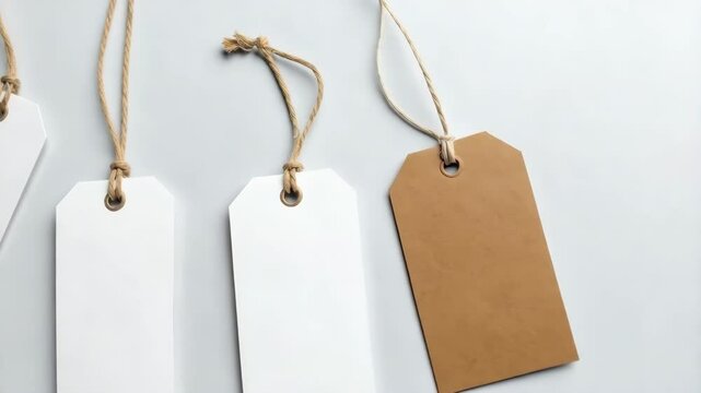 Arrangement of plain white and craft tags with brown string on a grey background, offering ample space for customization and creative messaging.