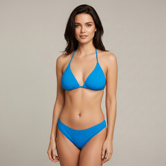 Fototapeta premium young woman in bikini poses for camera. beautiful woman poses in blue bikini showcasing stunning beauty in studio setting.