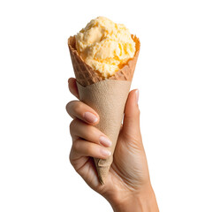 A hand holding a vanilla ice cream cone with a paper wrapper against a black background studio shot