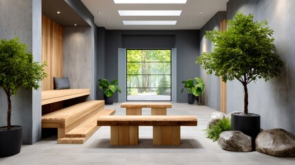 Modern spa interior design featuring wooden benches and lush greenery