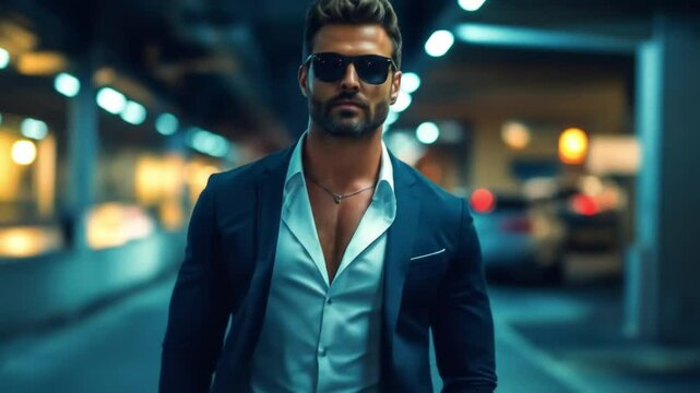 Stylish man strides through city lights