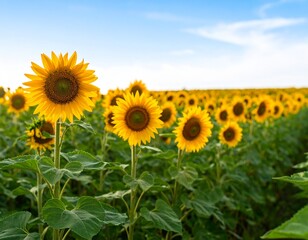 Golden Sunflowers Blooming Under a Clear Blue Sky in a Sunny Field

