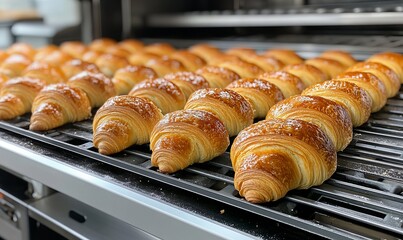 Golden croissants, freshly baked and arranged in neat rows. A culinary scene emphasizing the quality of the ingredients and mastery of the baker.