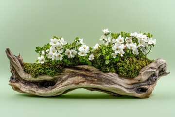 Fototapeta premium White flowers nestled in a driftwood planter.