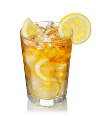 misted glass of ice tea with lemon isolated on white background