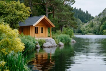 Obraz premium Wooden cabin reflecting on a calm lake surrounded by lush vegetation