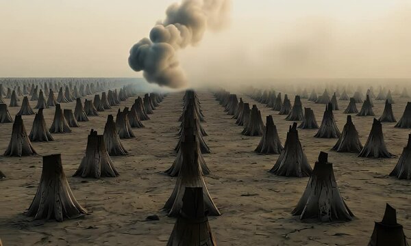Smoke billowing over field of tree stumps
