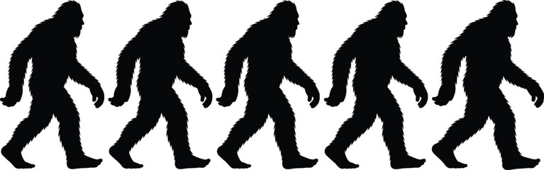 Bigfoot walking silhouette vector illustration, sasquatch cryptid clipart, mythical forest creature graphic, black hairy monster pose, legend symbol