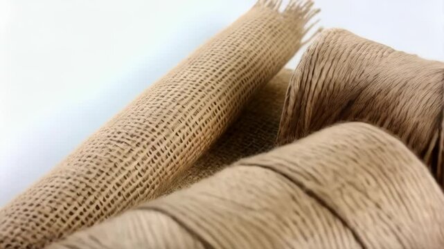 Two spools of natural brown jute twine on a textured jute cloth background, studio shot with soft lighting, crafting supplies