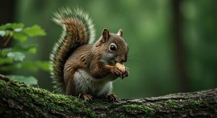 Obraz premium Squirrel Eating Nut on Mossy Branch in Forest