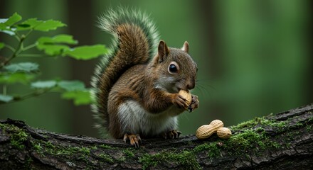 Fototapeta premium Squirrel Eating Peanut on Mossy Branch in Green Forest Setting