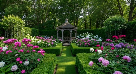 Fototapeta premium Beautiful blooming garden featuring lush hydrangeas and roses leading to a wooden gazebo