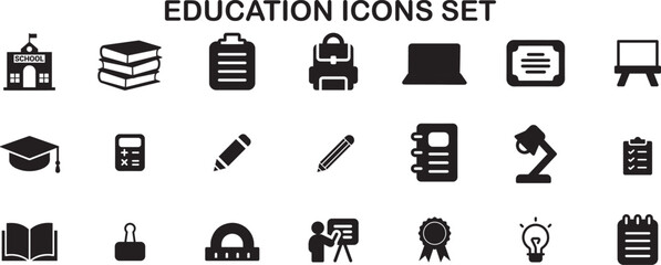  education icons including school, books, backpack, laptop, pen, notebook, and other learning tools. Perfect for educational infographics, e-learning platforms, web design, and school-themed graphic.