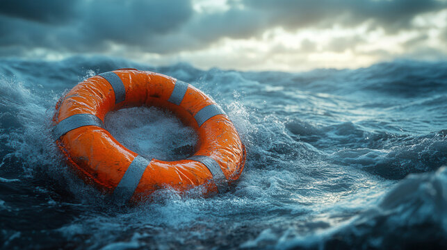 lifesaving float in raging ocean under thunderstorm sky - Powered by Adobe