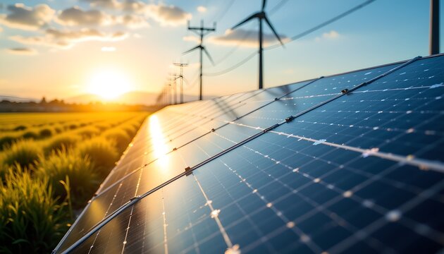 Renewable energy production solar farm image sunset close-up sustainability concept