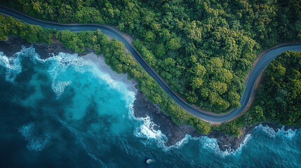 cenic aerial view of winding highway along ocean shoreline