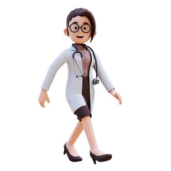 3D render woman doctor character is smiling and walking