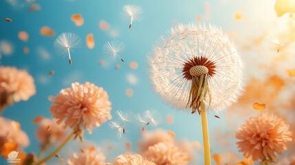 Obraz premium seeds blowing off dandelion puffball floating in bright blue sky 