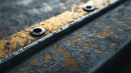 Hyper realistic 3D render of a board sliding down a rail, close-up on metal grind marks 