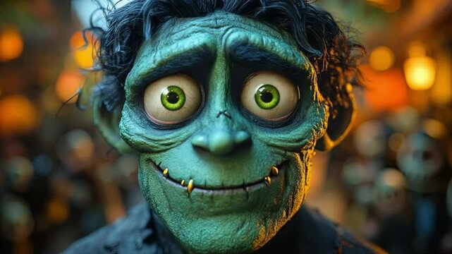 cute cartoon zombie character with big eyes, funny cute cartoon zombie character close-up, emotional cute cartoon zombie character in animation style
