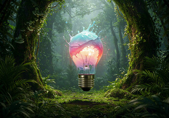 8K Ultra HD Photorealistic Light Bulb Made of Flowing Paint Splatters with Dramatic Volumetric Lighting