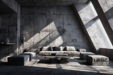 Obraz premium Architectural Concrete Interior with Modern Furniture. Minimalist living room filled with natural light and elegant gray tones.