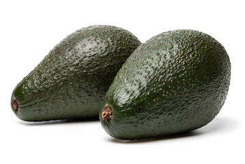 Two Ripe organic green avocado fruits isolated on white background with built-in clipping path