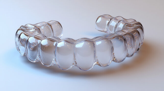 Transparent Invisalign aligner 3D model on neutral background, dental smile correction tool, aesthetic teeth alignment device 