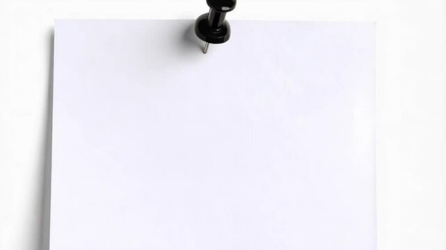 White sheet of paper fixed with a black push pin for notes, memos or reminders on white background