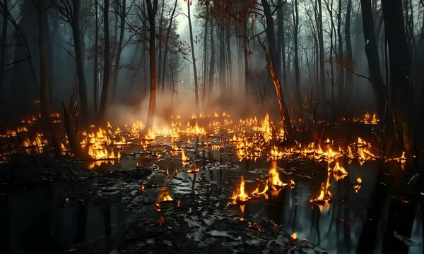 Forest fire scene with flames in a swamp.