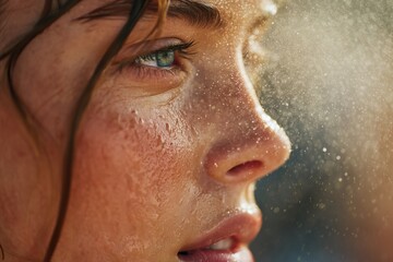 A close-up of a person's face covered in water droplets, showcasing a refreshing and invigorating experience. Skin glistening and healthy.