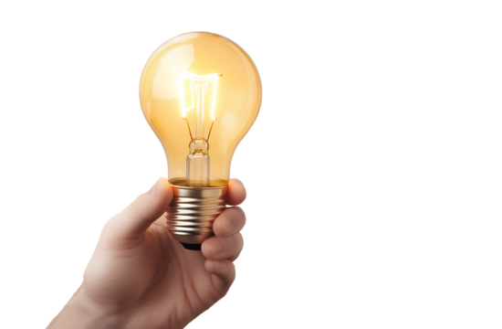  A hand holding a light bulb, isolated on a transparent background 