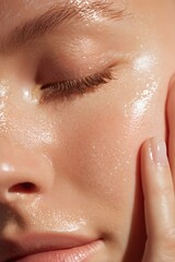 Close-up of a person's face with a glistening, moisturized complexion, emphasizing skincare and natural beauty. Soft, radiant glow.