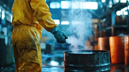 A worker improperly handling hazardous chemicals without gloves, a leaking barrel nearby,