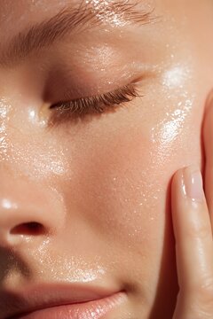 Close-up of a person's face with a glistening, moisturized complexion, emphasizing skincare and natural beauty. Soft, radiant glow.