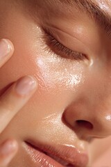 Radiant skin highlighted by a glowing skincare routine, creating a close-up portrait of pure health and beauty and luminous complexion.