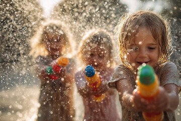 Obraz premium Children playing with DIY sprinklers made from plastic bottles, colorful water splash, summer time. happy kids spraying water with toy guns, expressing summer fun.
