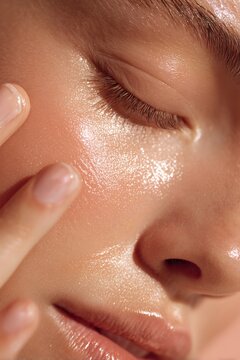 Radiant skin highlighted by a glowing skincare routine, creating a close-up portrait of pure health and beauty and luminous complexion.