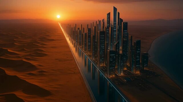 Smart city and communication network concept. Linear City in the Desert, NEOM Vision