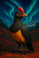 A vibrant Maleo rare bird stands on a batik-inspired textile, beneath the ethereal glow of the aurora borealis