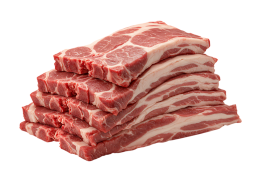 Freshly cut raw pork chops and bacon slices stacked on a solid black background