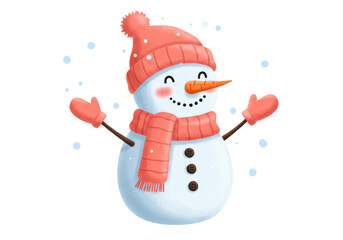 Isolated Cheerful Snowman with Pink Hat and Scarf