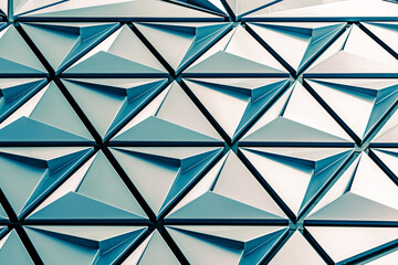 Modern geometric architectural pattern with triangular glass panels and bold black lines, creating a dynamic abstract design.