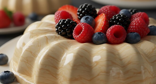 Delicious vanilla pudding dessert garnished with fresh berries presented on a white plate - Powered by Adobe