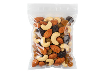 Isolated Transparent Plastic Bag of Mixed Nuts and Dried Fruit