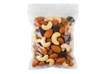 Isolated Transparent Plastic Bag of Mixed Nuts and Dried Fruit