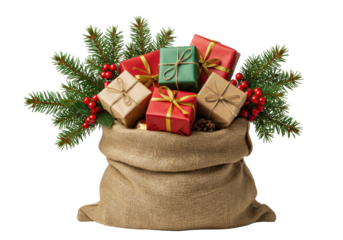 Isolated Burlap Sack Overflowing with Christmas Gifts and Decorations